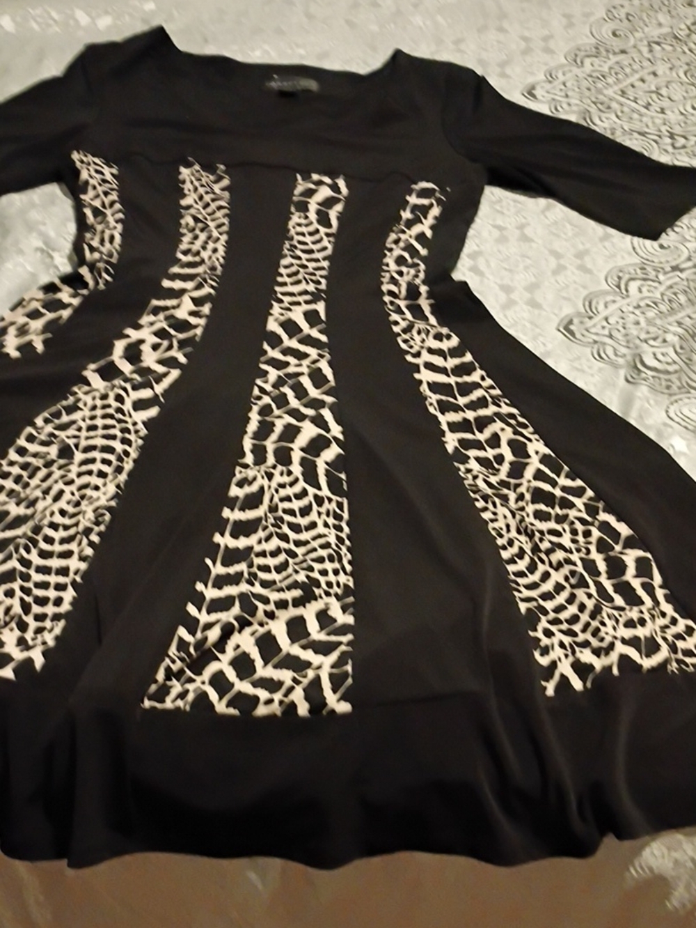 connected apparel Black Medium  Sleeve Dress with Cream Animal-Print Panels